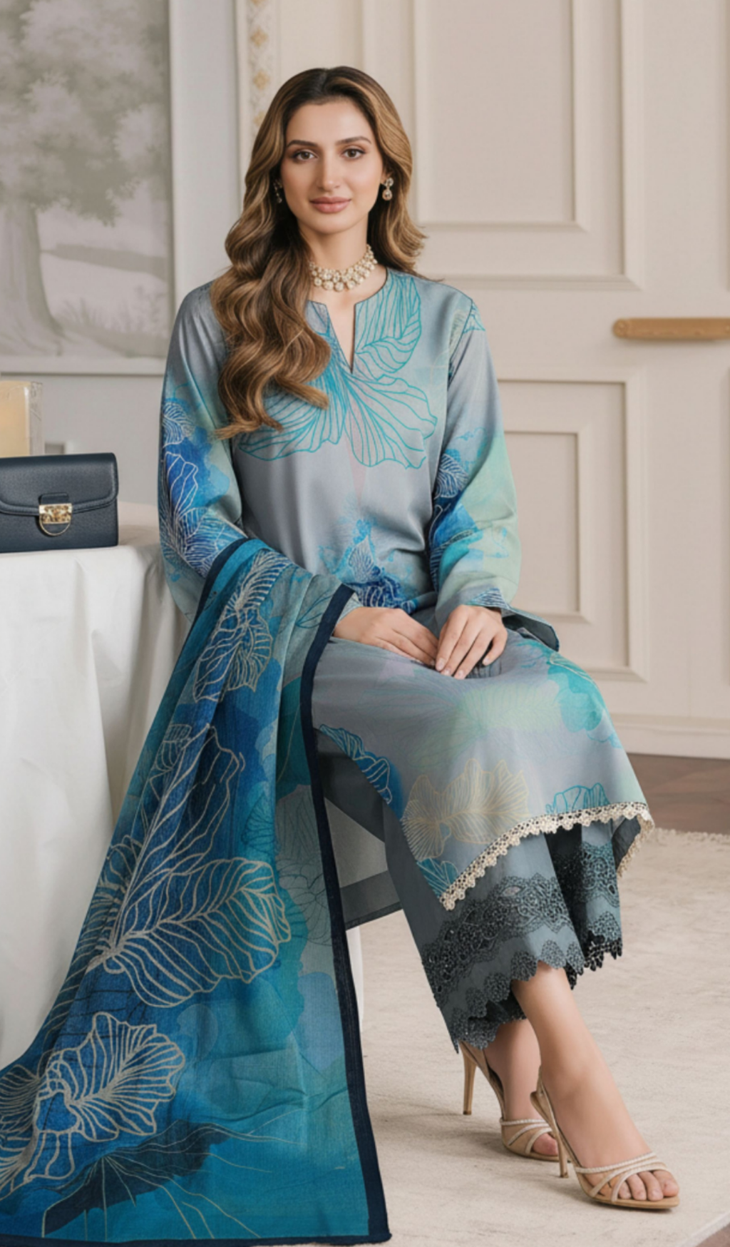 3 Piece Unstitched Digital Printed Lawn - V1708
