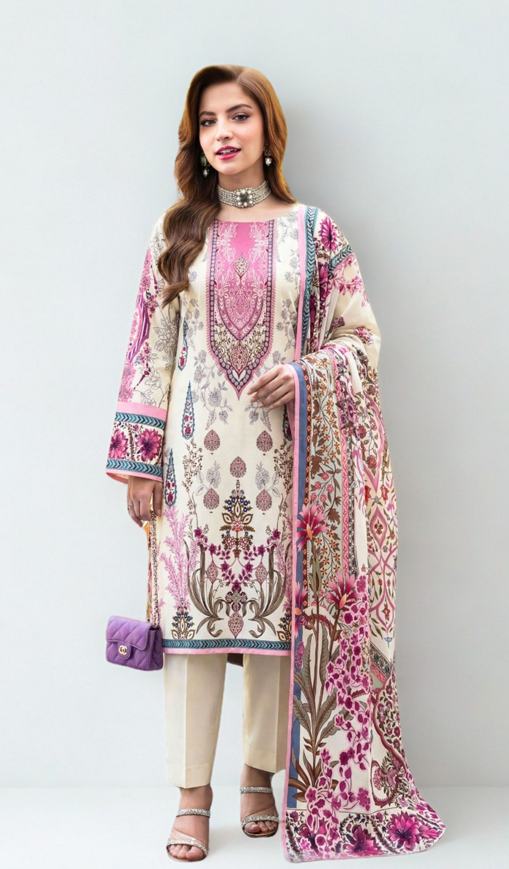 3 Piece Unstitched Digital Printed Lawn - V1008